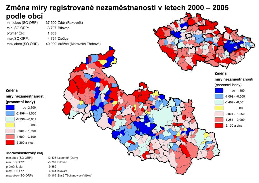 Změna míry registrované nezaměstnanosti v letech 2000 – 2005 podle obcí